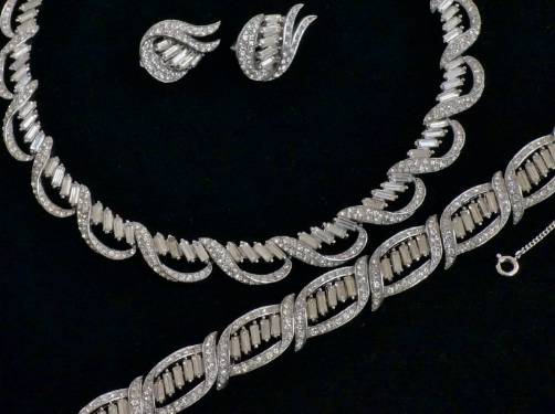 Trifari jewelry set necklace, bracelet & earrings, 1950`s ca, American